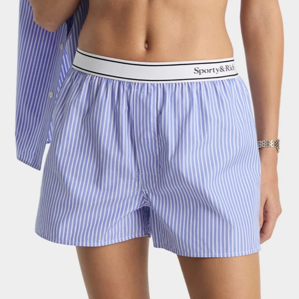 Sporty & Rich Serif Logo Boxer Shorts Light Blue Striped